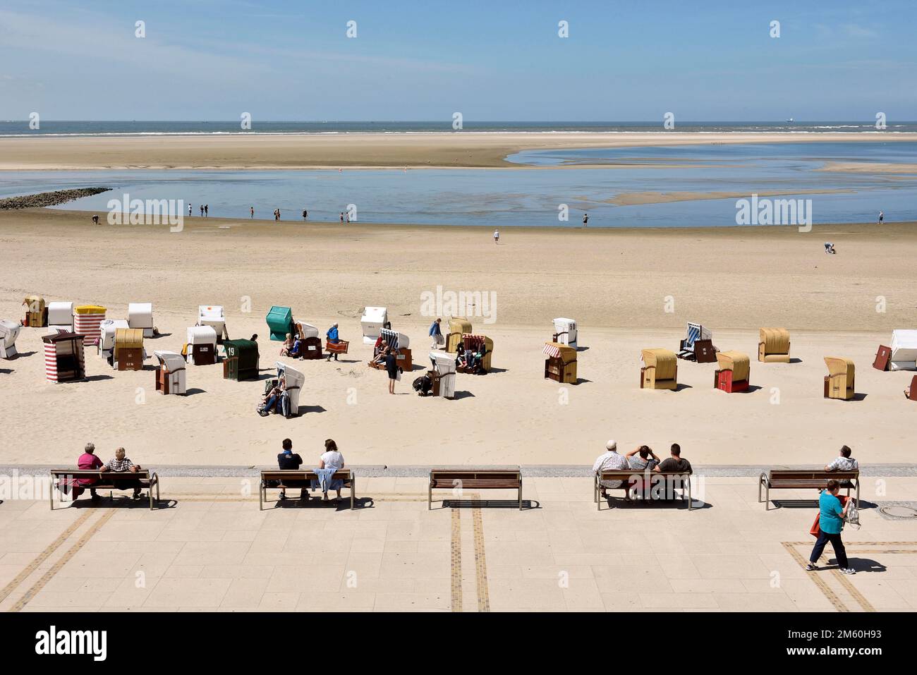 Promenade view of beach and North Sea, Borkum, East Frisian Island, East Frisia, Lower Saxony, Germany Stock Photo