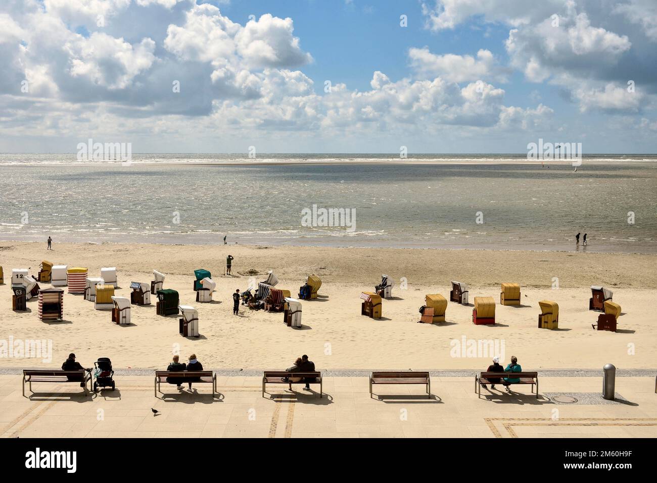 Promenade view of beach and North Sea, Borkum, East Frisian Island, East Frisia, Lower Saxony, Germany Stock Photo