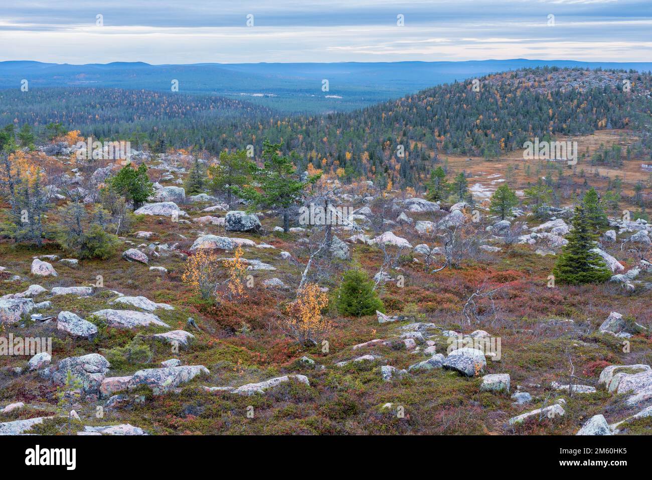 A view from a rocky Iso Ruuhitunturi peak on a gloomy autumn evening in Salla National Park, Northern Finland Stock Photo