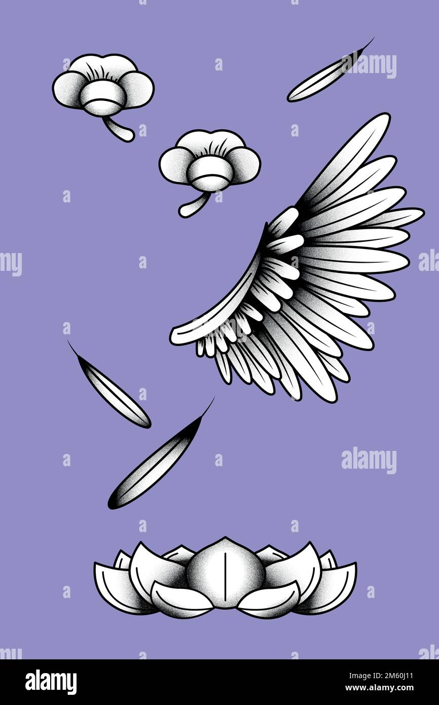 Bird wing and flower element set on a purple background vector