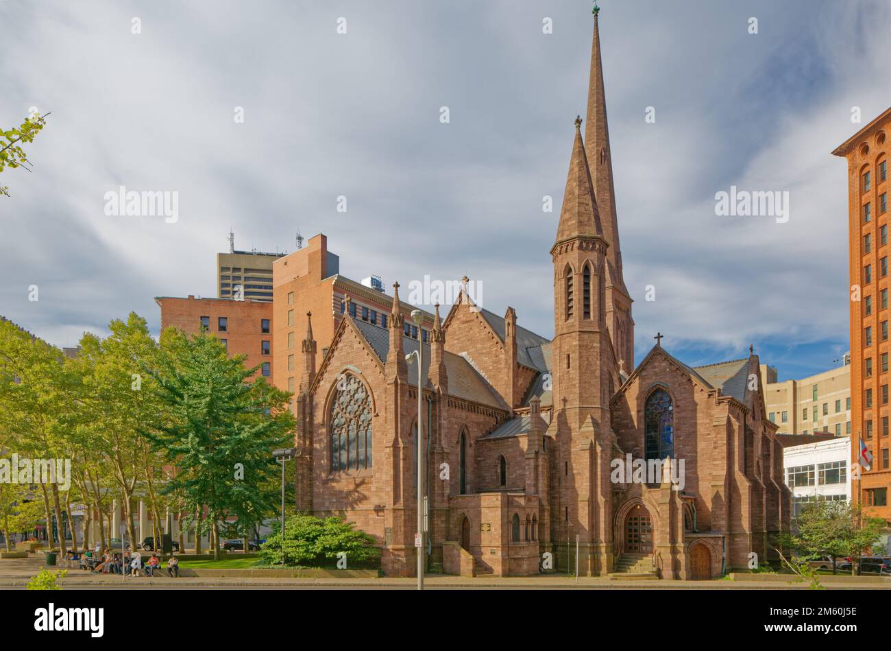 St. Paul’s Episcopal Cathedral is a landmark church of red sandstone designed by Richard Upjohn and completed in 1873. Stock Photo