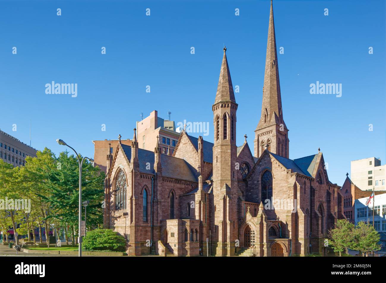 St. Paul’s Episcopal Cathedral is a landmark church of red sandstone designed by Richard Upjohn and completed in 1873. Stock Photo