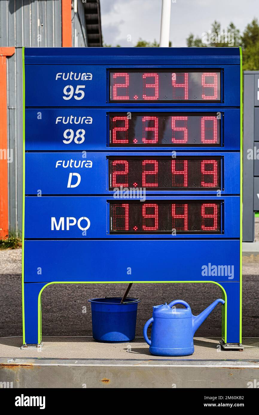 High petrol prices, price board at petrol station, fossil fuel, raw material shortage, Ukraine