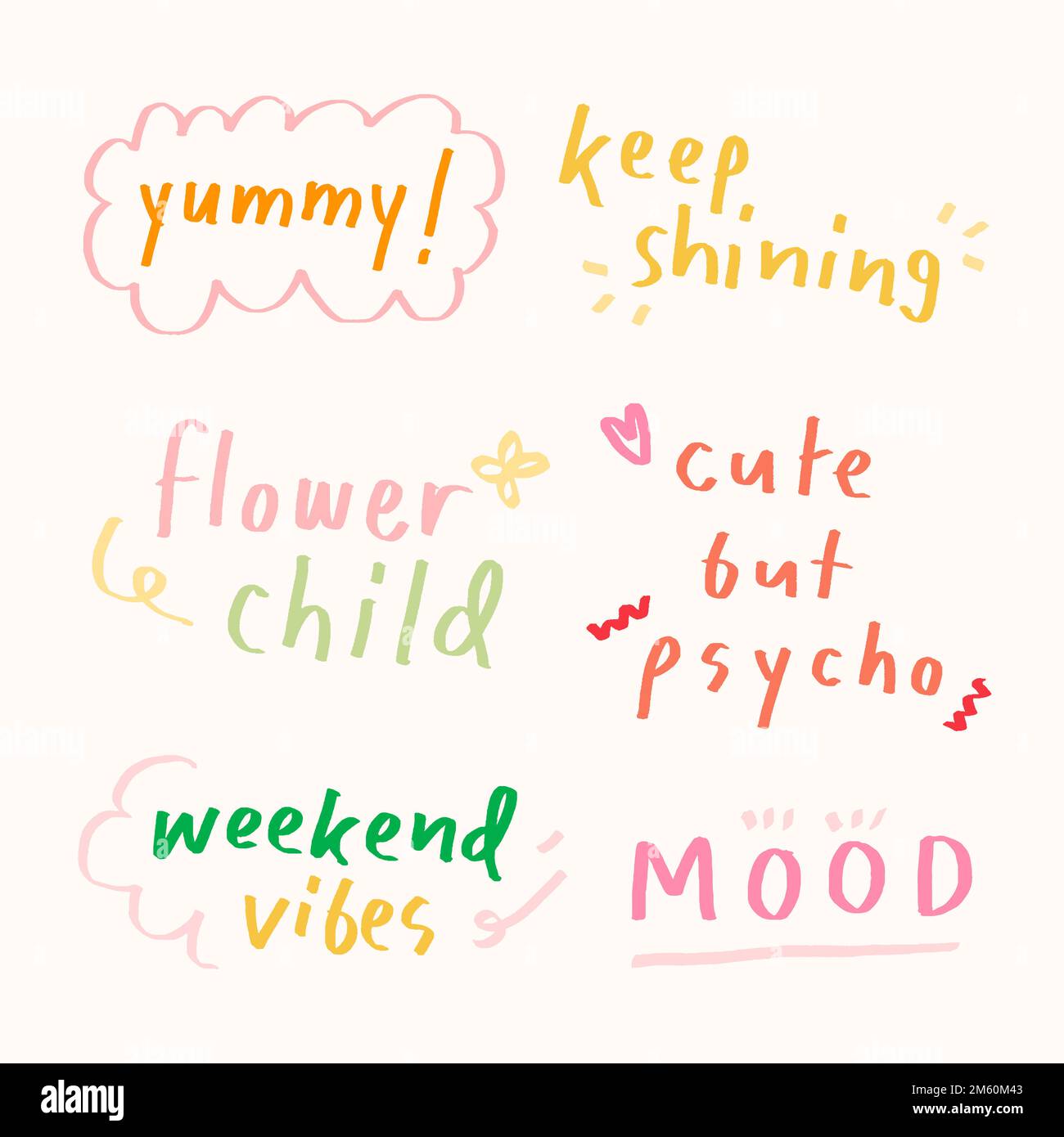 Cute pastel doodle typography set on a beige background vector Stock Vector