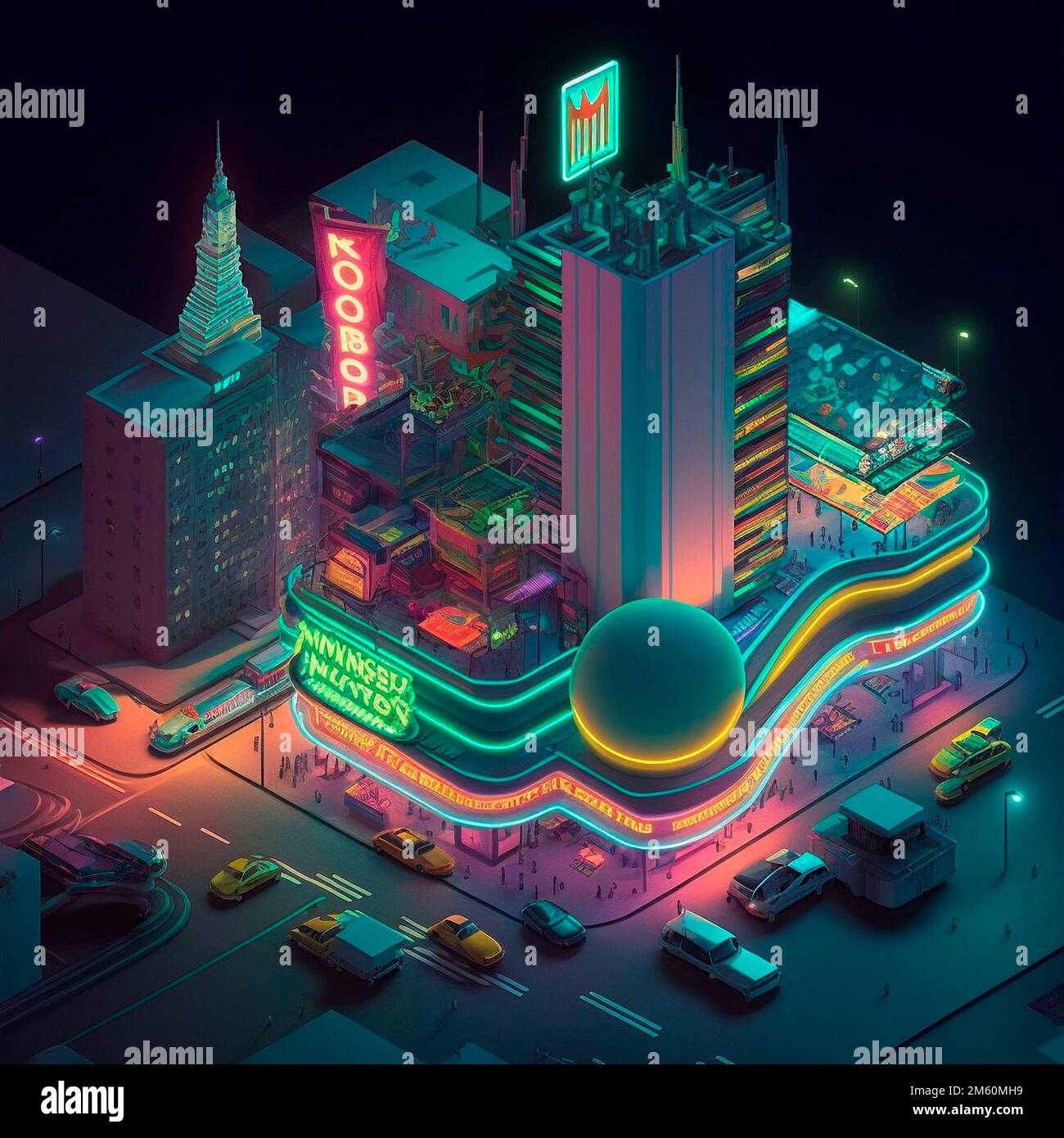 Life in the neon city at night. Bright lights, cars, cafes. Backlight