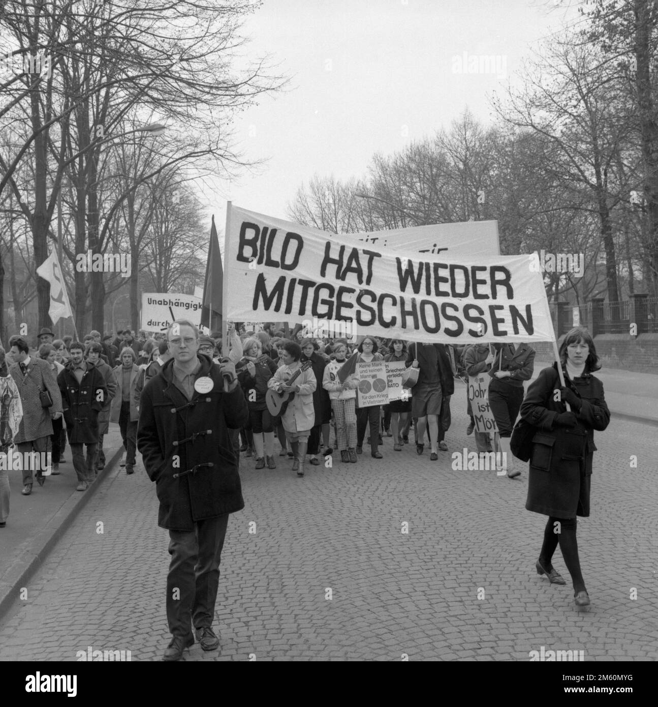 The Easter March 1968, Germany, demonstrated for peace with the main demands to end the Vietnam War and against the emergency laws from Duisburg to Stock Photo
