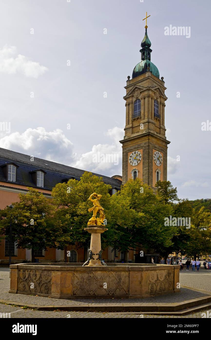 St George's Fountain with St George's Church, Market Square, Old Town, Eisenach, Thuringia, Germany Stock Photo