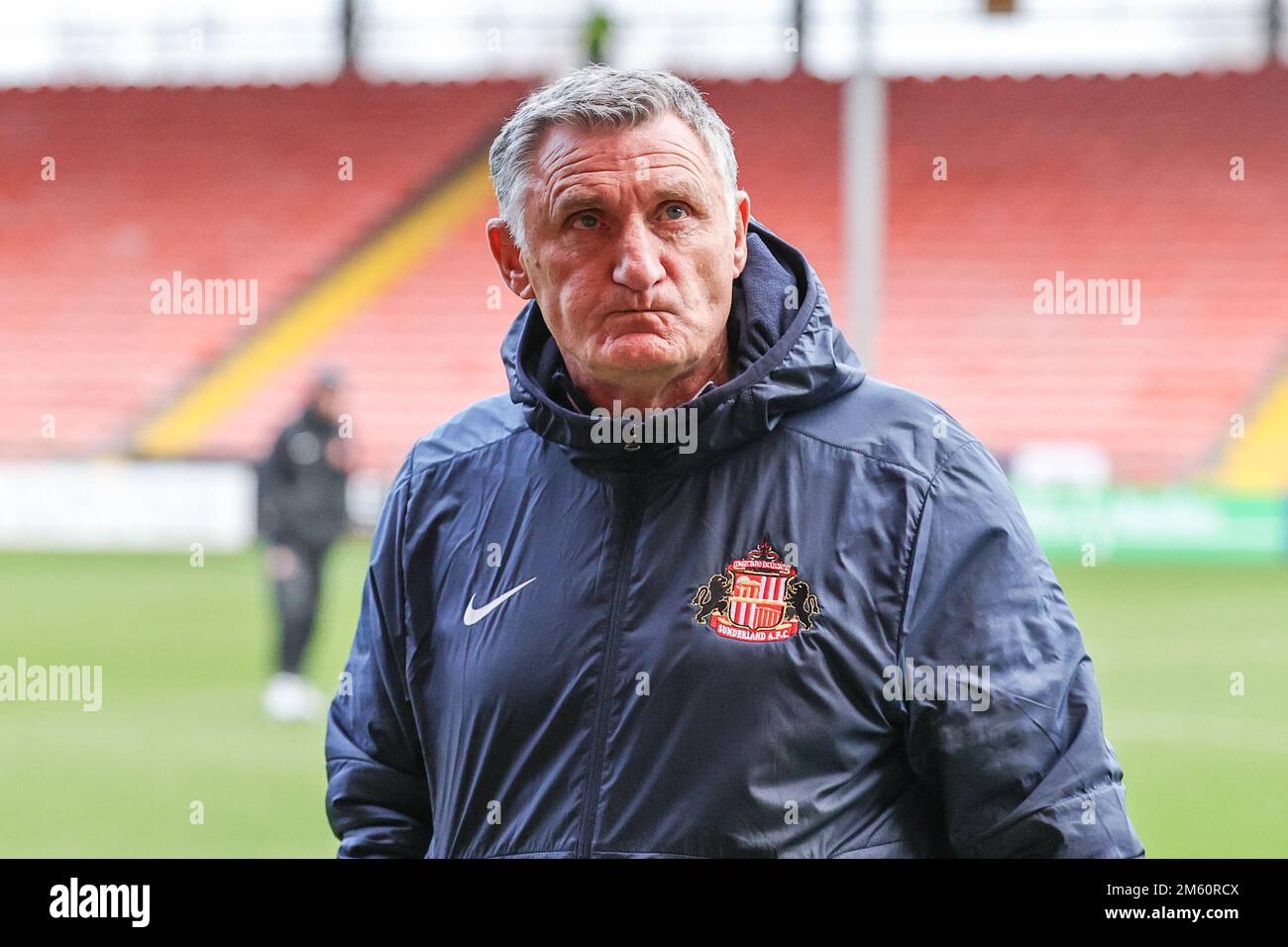 Tony Mowbray manager of Sunderland arrives at Bloomfield Road during the Sky Bet Championship match Blackpool vs Sunderland at Bloomfield Road, Blackpool, United Kingdom, 1st January 2023  (Photo by Mark Cosgrove/News Images) in Blackpool, United Kingdom on 1/1/2023. (Photo by Mark Cosgrove/News Images/Sipa USA) Stock Photo