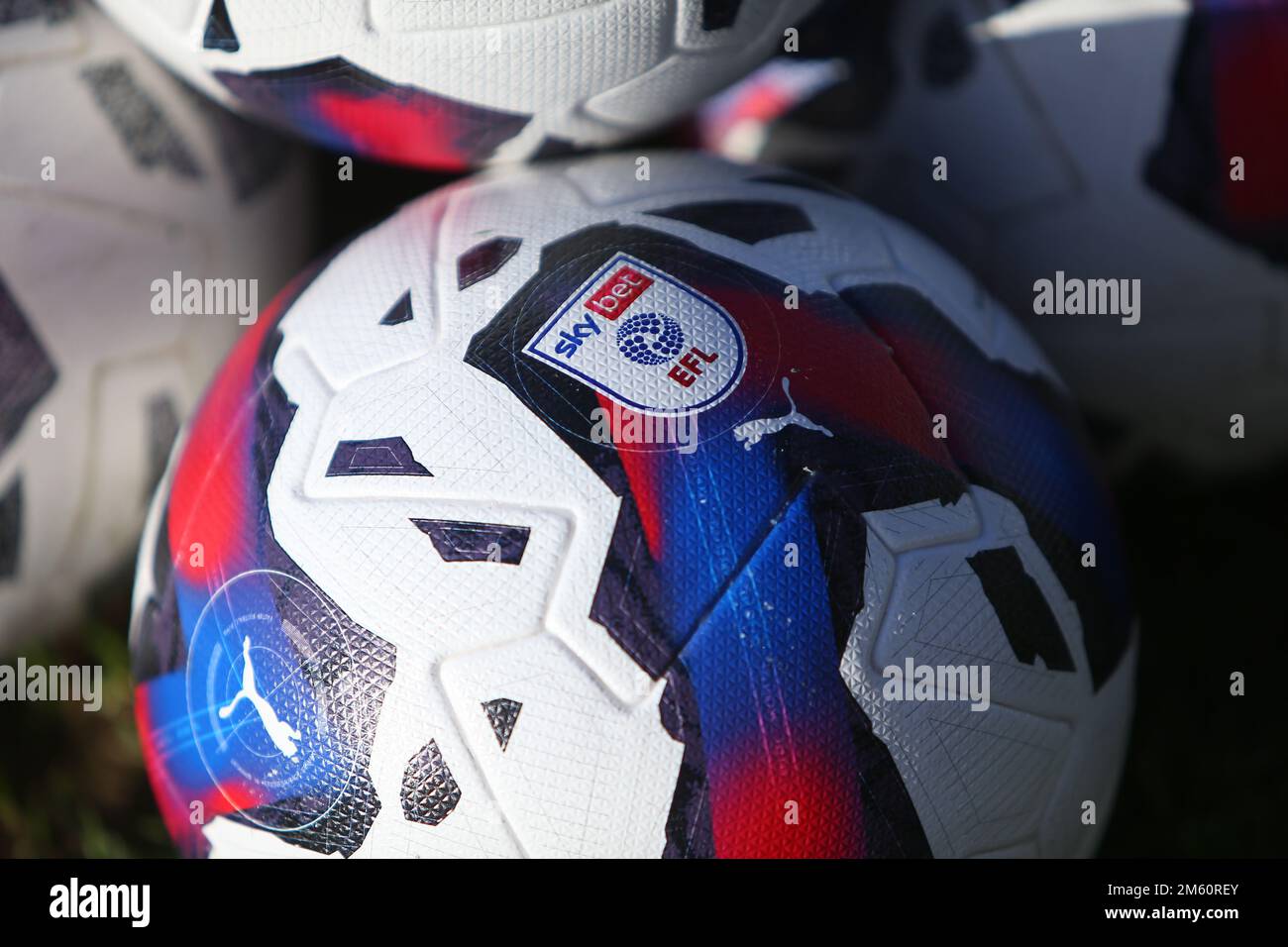 A Sky Bet EFL Match Ball during the Sky Bet League 2 match between Hartlepool United and Harrogate Town at Victoria Park, Hartlepool on Sunday 1st January 2023. (Credit: Michael Driver | MI News) Stock Photo