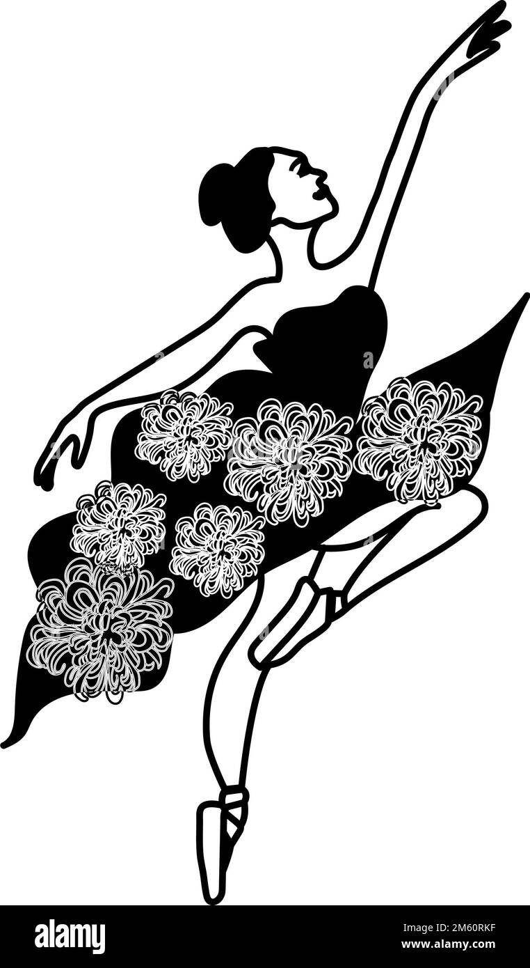 Watercolor dancing ballerina black lines. Isolated dancing ballerina ...