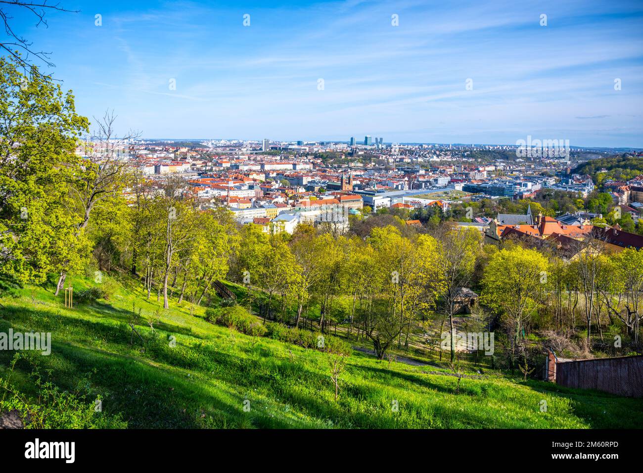 Sunny spring day in Petrin Gardens with Prague city lookout, Czech ...