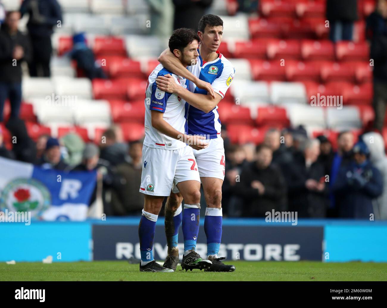 Blackburn Rovers' Lewis Travis and Daniel Ayala react following the Sky Bet Championship match at Ewood Park, Blackburn. Picture date: Sunday January 1, 2023. Stock Photo