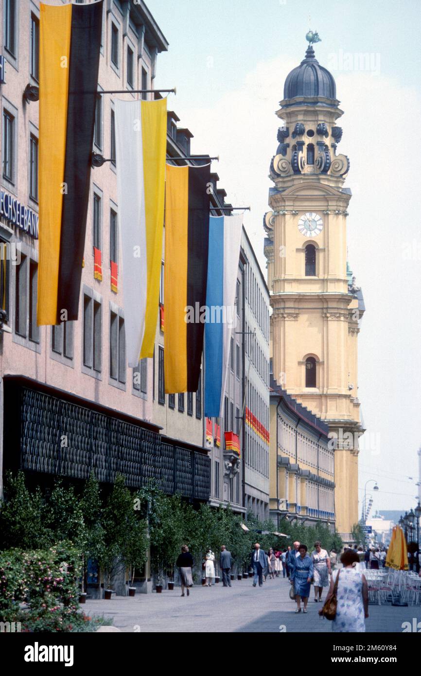 Theatinerstrasse lined with birch leaves for Corpus Christi in 1982, Munich, Bavaria, Germany Stock Photo