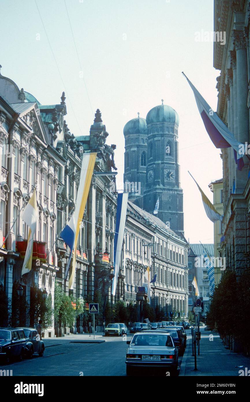 Cathedral spires seen from Kardinal-Faulhaberstrasse in 1982, Munich, Bavaria, Germany Stock Photo