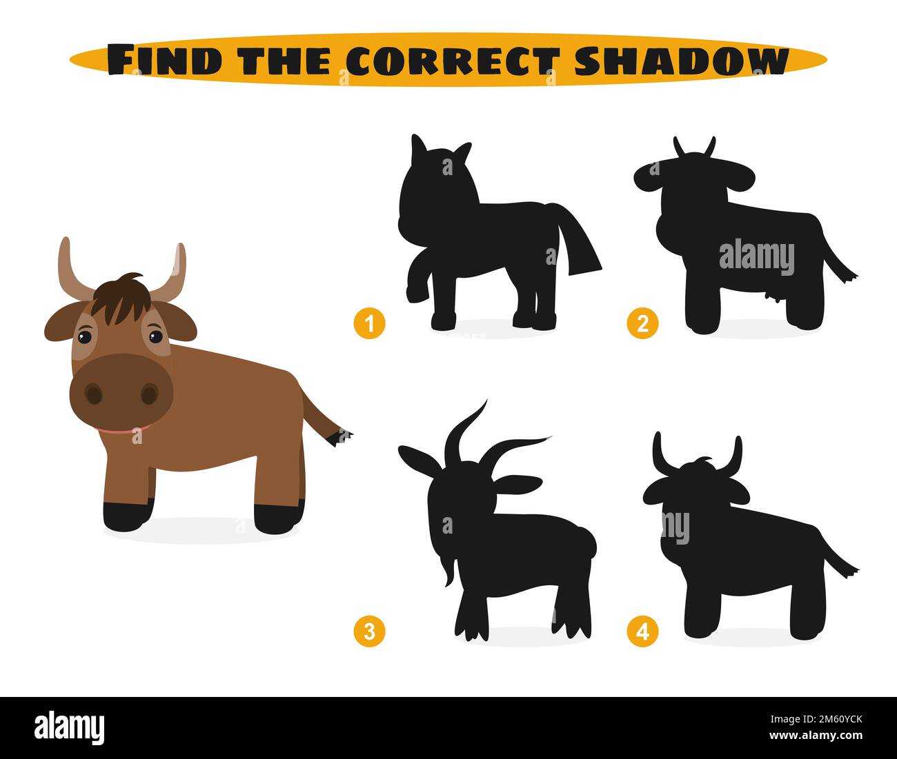 Find correct shadow. Cute farm animals. Education game.  Stock Vector