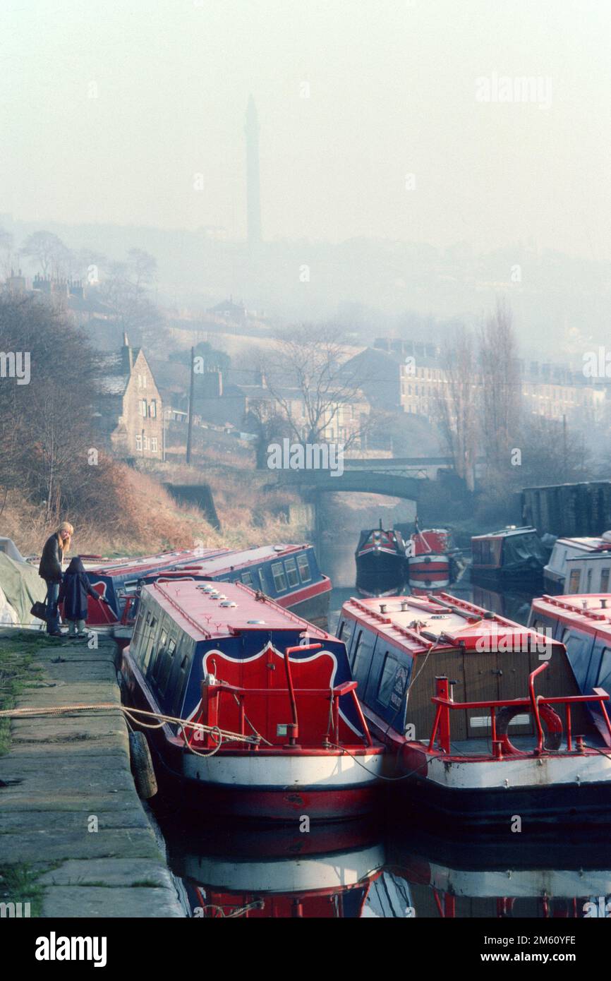 Hire boats moored at the wharf in 1983, Sowerby Bridge, West Yorkshire Stock Photo