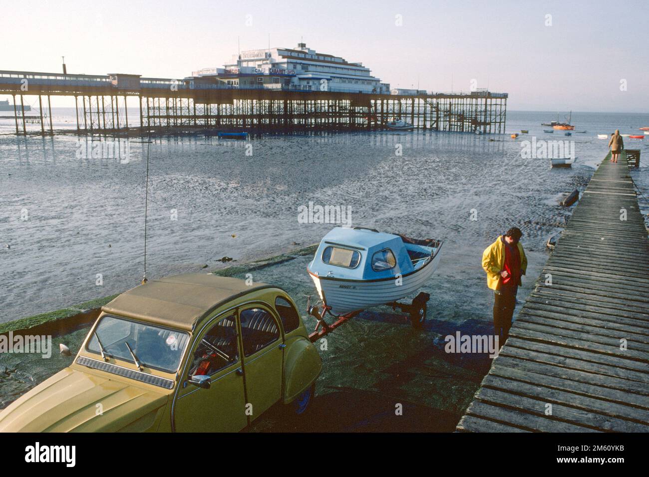 Sea front and pier at the end of the day in 1983, Morecambe, Lancashire Stock Photo