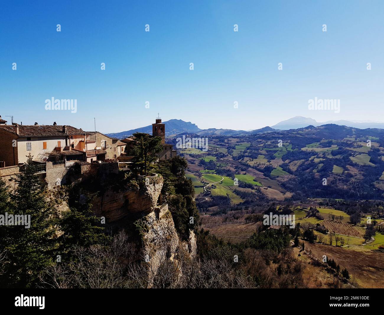 Montefalcone Appennino is one of the most iconic and panoramic ancient village in The Marche region Stock Photo
