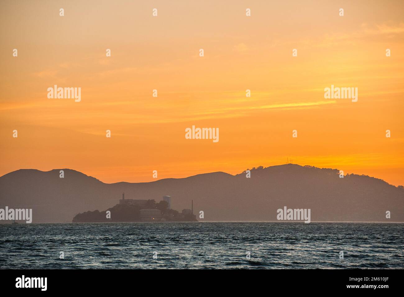 View of San Francisco Bay and Alcatraz Island at dusk from Treasure Island Stock Photo