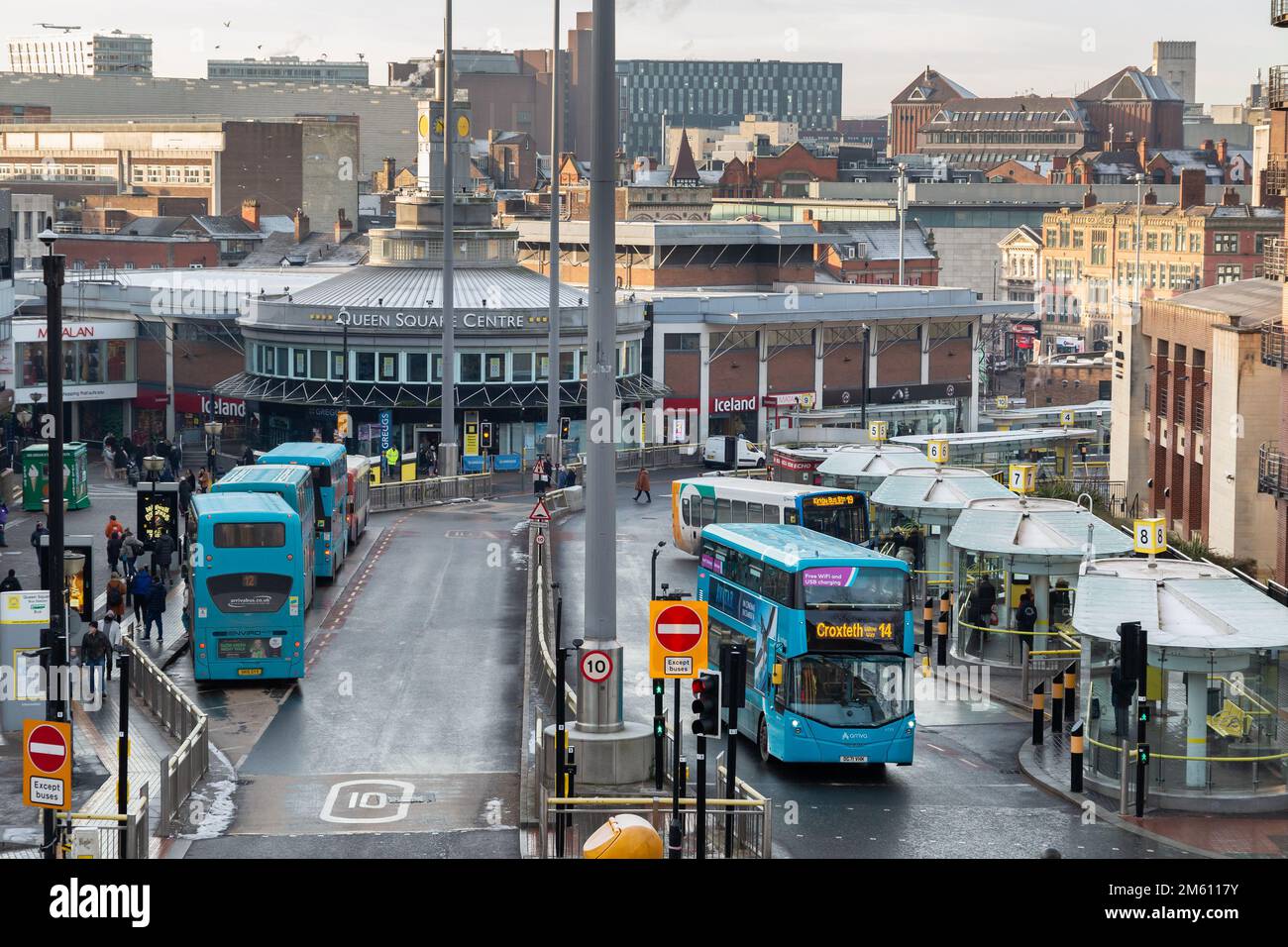 Liverpool, UK:  Queen Square Bus Station, Hood Street. A major travel hub with thirteen stands in the city centre. Stock Photo