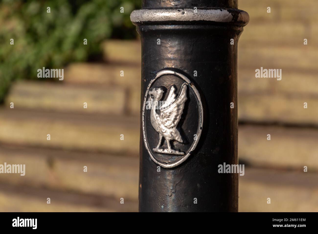 Liverpool, UK:  Traffic bollard with Liver bird logo, outside entrance steps to Saint James Mount Gardens and Anglican Cathedral Stock Photo