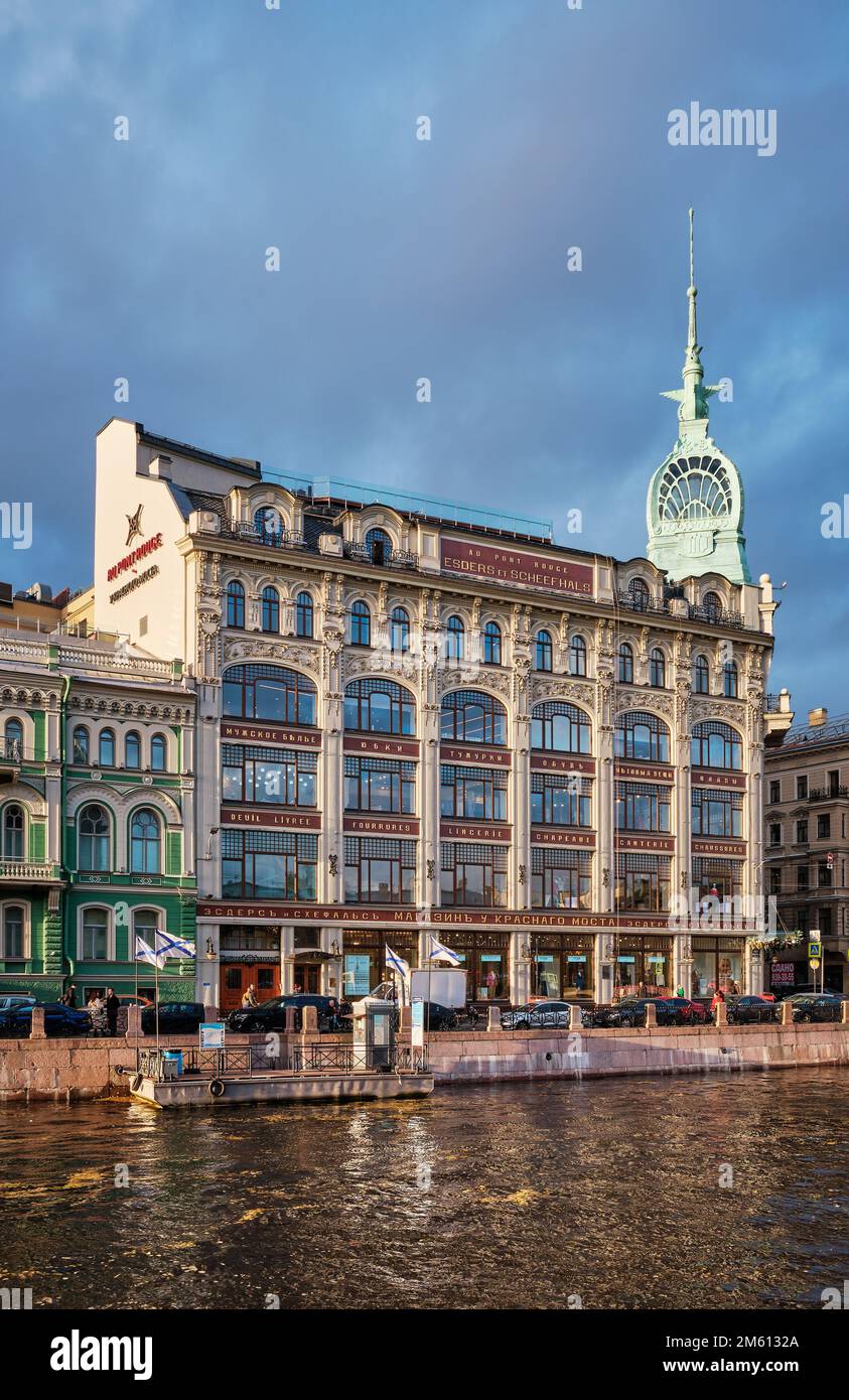 Old building of the Esders et Scheefhals trading house or Au Pont Rouge department store on Moika River Embankment, 1906-1907, monument of architectur Stock Photo