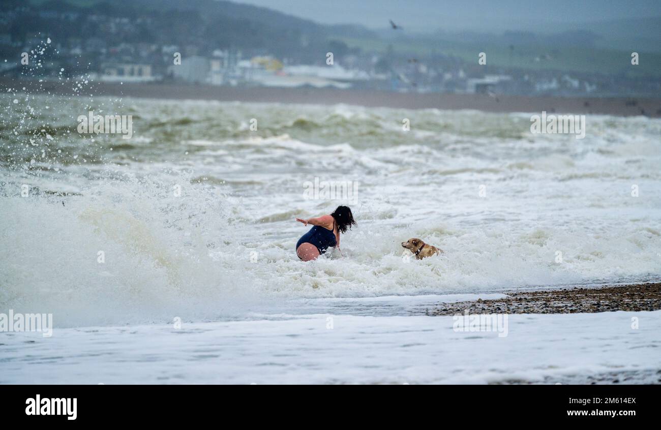Seaford, UK. 1st Jan, 2023. UK weather: A swimmer and her dog celebrating New Year's Day by bravely testing the stormy seas at Seaford in East Sussex, UK. Credit: Jim Holden/Alamy Live News Stock Photo
