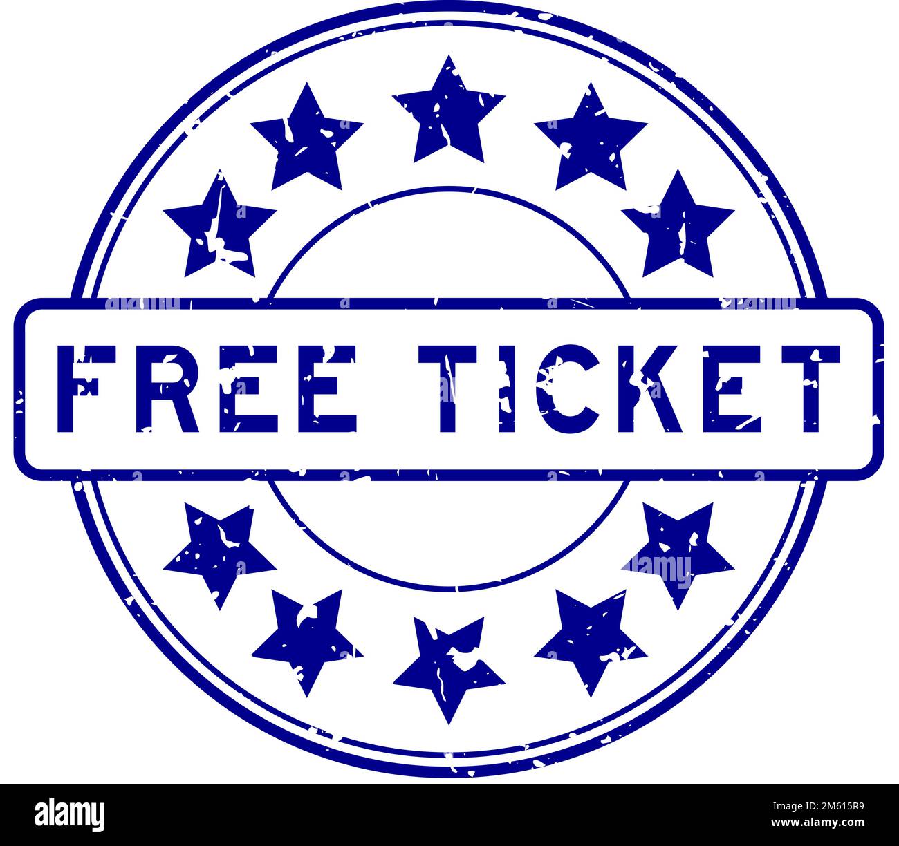 Grunge blue free ticket word with star icon round rubber seal stamp on white background Stock Vector