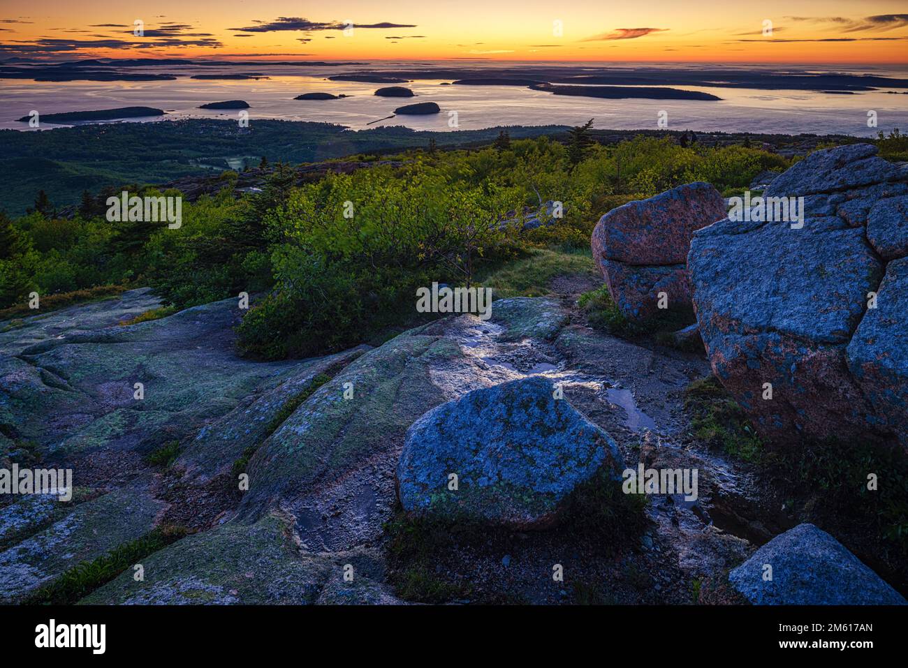 Sunrise over Bar Harbor from Cadillac Mountain in Acadia National Park