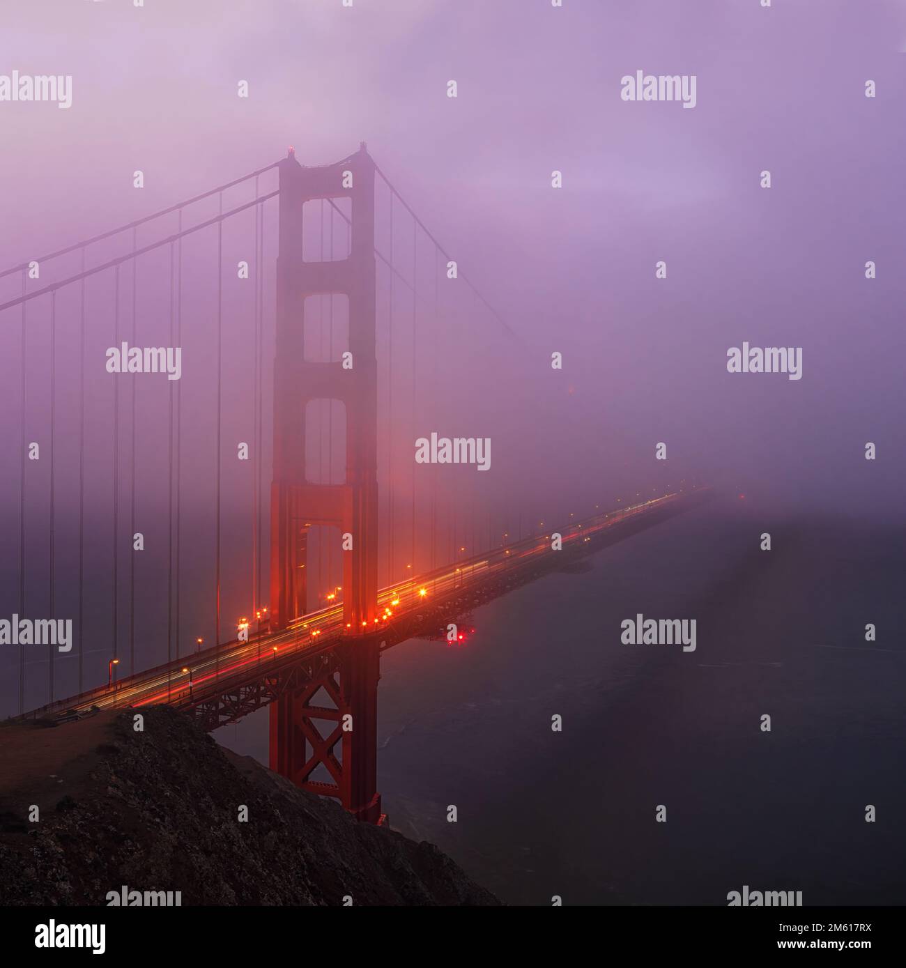 Golden Gate Bridge on a foggy morning from Battery Spencer on the Marin Headlands in California Stock Photo