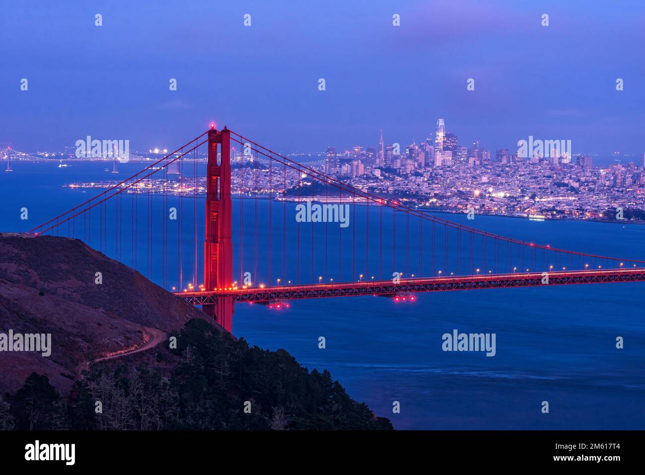 Golden Gate Bridge and San Francisco skyline from Hawk Hill on the Marin Headlands Stock Photo