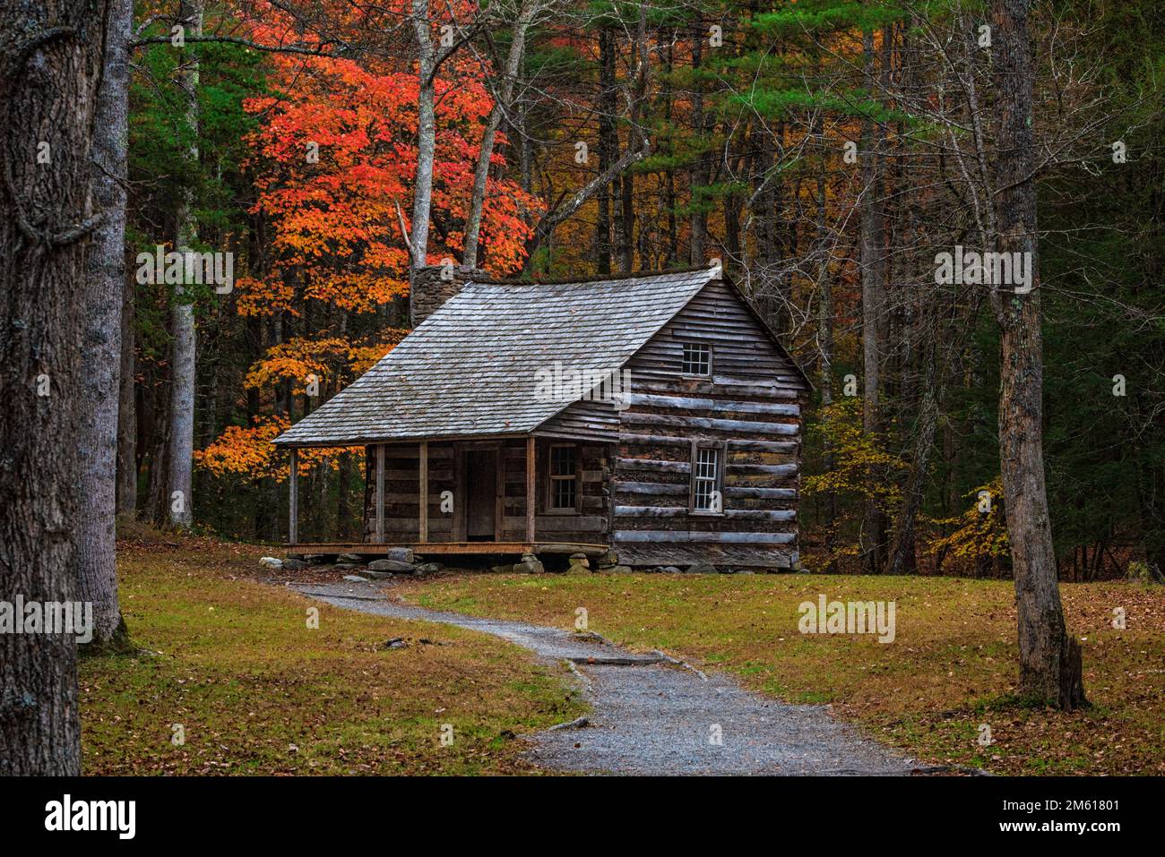 Autumn view of Carter Shields cabin in the Cades Cove section of Great Smoky Mountain National Park in Tennessee Stock Photo