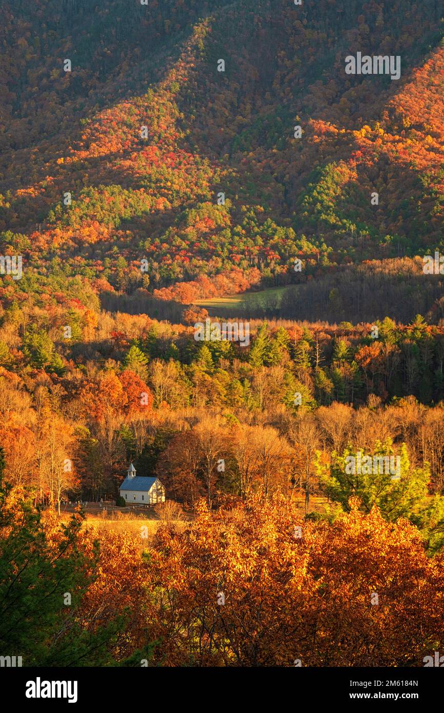 Autumn view of the Methodist Church in the Cades Cove section of Great Smoky Mountain National Park in Tennessee Stock Photo
