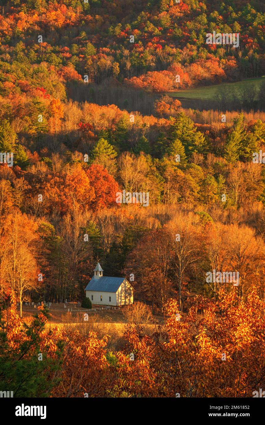 Autumn view of the Methodist Church in the Cades Cove section of Great Smoky Mountain National Park in Tennessee Stock Photo