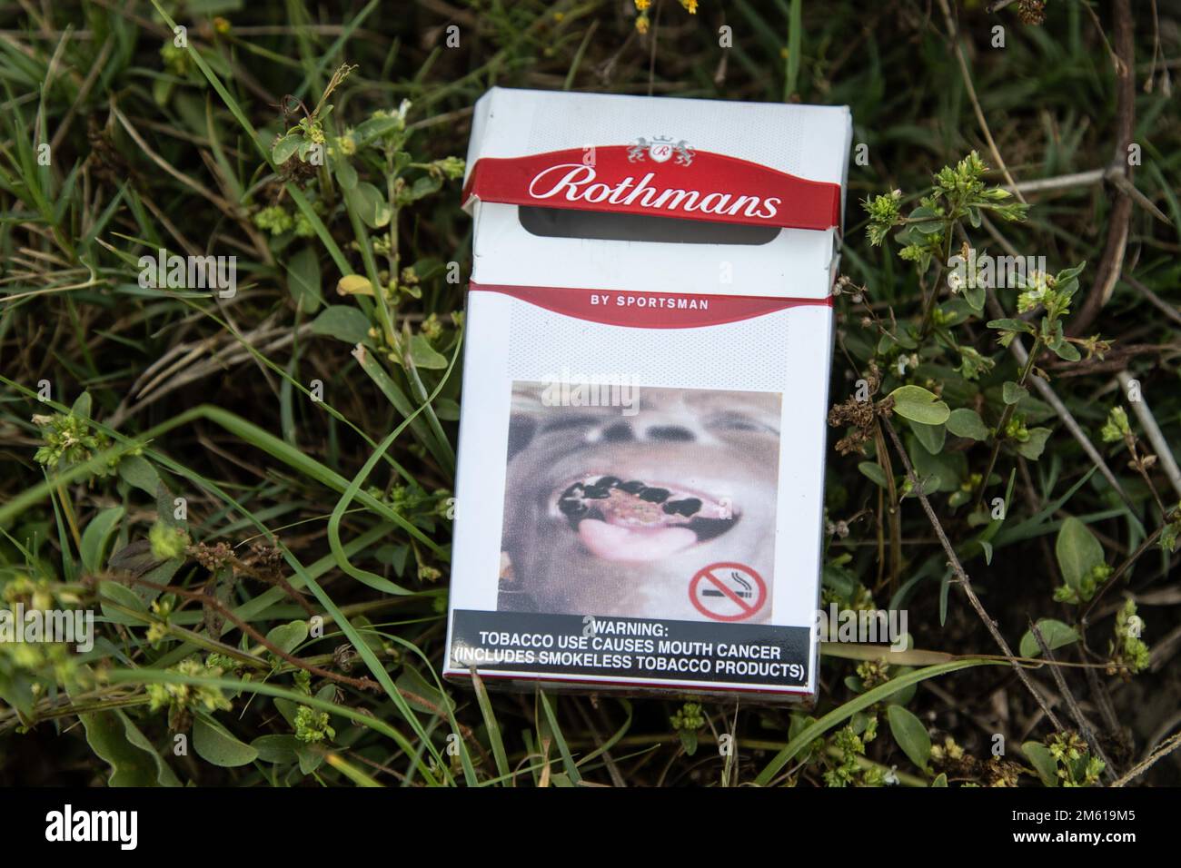 An empty packet of Rothmans Cigarettes with a health warning written 'Tobacco Use causes mouth cancer'  litters the environment near a popular entertainment spot in Nakuru. A study conducted by researchers at California’s UC Davis Comprehensive Cancer Center says nearly half of the deaths from 12 cancers are due to tobacco use. Stock Photo
