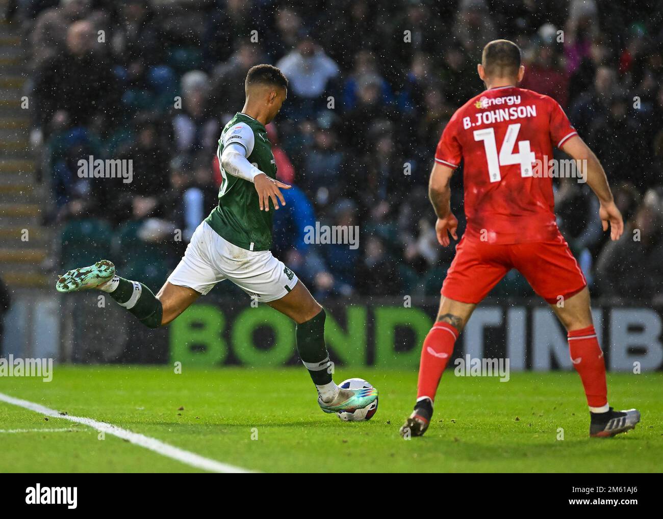 Plymouth, UK. 01st Jan, 2023. GOAL Plymouth Argyle forward Morgan Whittaker (19) shoots and scores a goal to make it 3-1 during the Sky Bet League 1 match Plymouth Argyle vs MK Dons at Home Park, Plymouth, United Kingdom, 1st January 2023 (Photo by Stanley Kasala/News Images) in Plymouth, United Kingdom on 1/1/2023. (Photo by Stanley Kasala/News Images/Sipa USA) Credit: Sipa USA/Alamy Live News Stock Photo