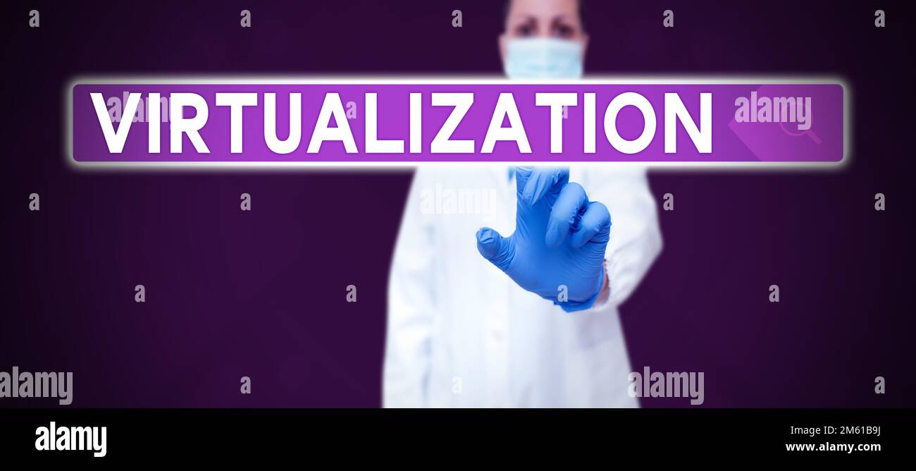 Conceptual caption Virtualization. Word for application of virtual environment to computer games Stock Photo