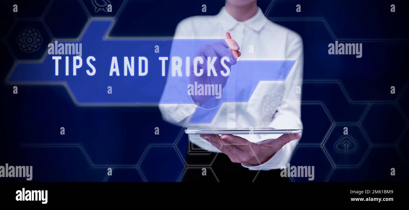 Text caption presenting Tips And Tricks. Business idea helpful advices