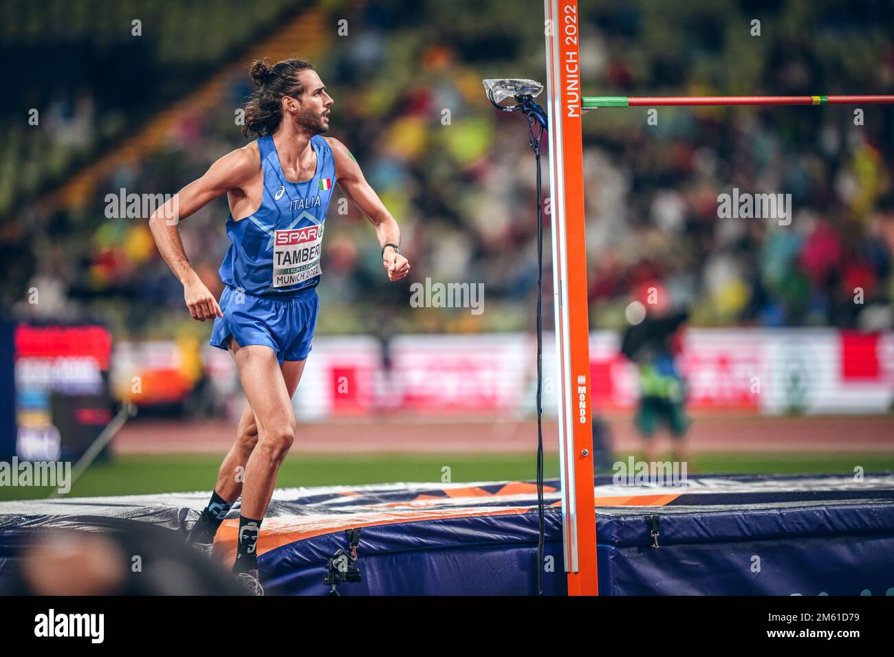 Gianmarco Tamberi participating in the high jump at the 2022 European ...