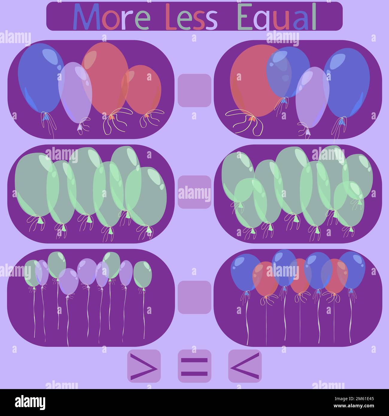 count the balloons in the picture and put a sign greater than, less than or equal to the rebus for children under 6 years old Stock Vector