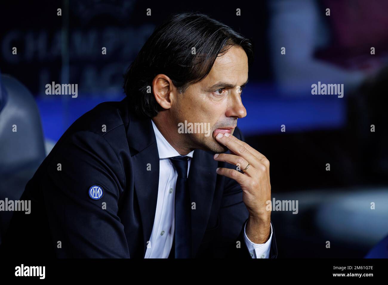 BARCELONA - OCT 13: The manager Simone Inzaghi in action during the Champions League match between FC Barcelona and FC Internazionale at the Spotify C Stock Photo