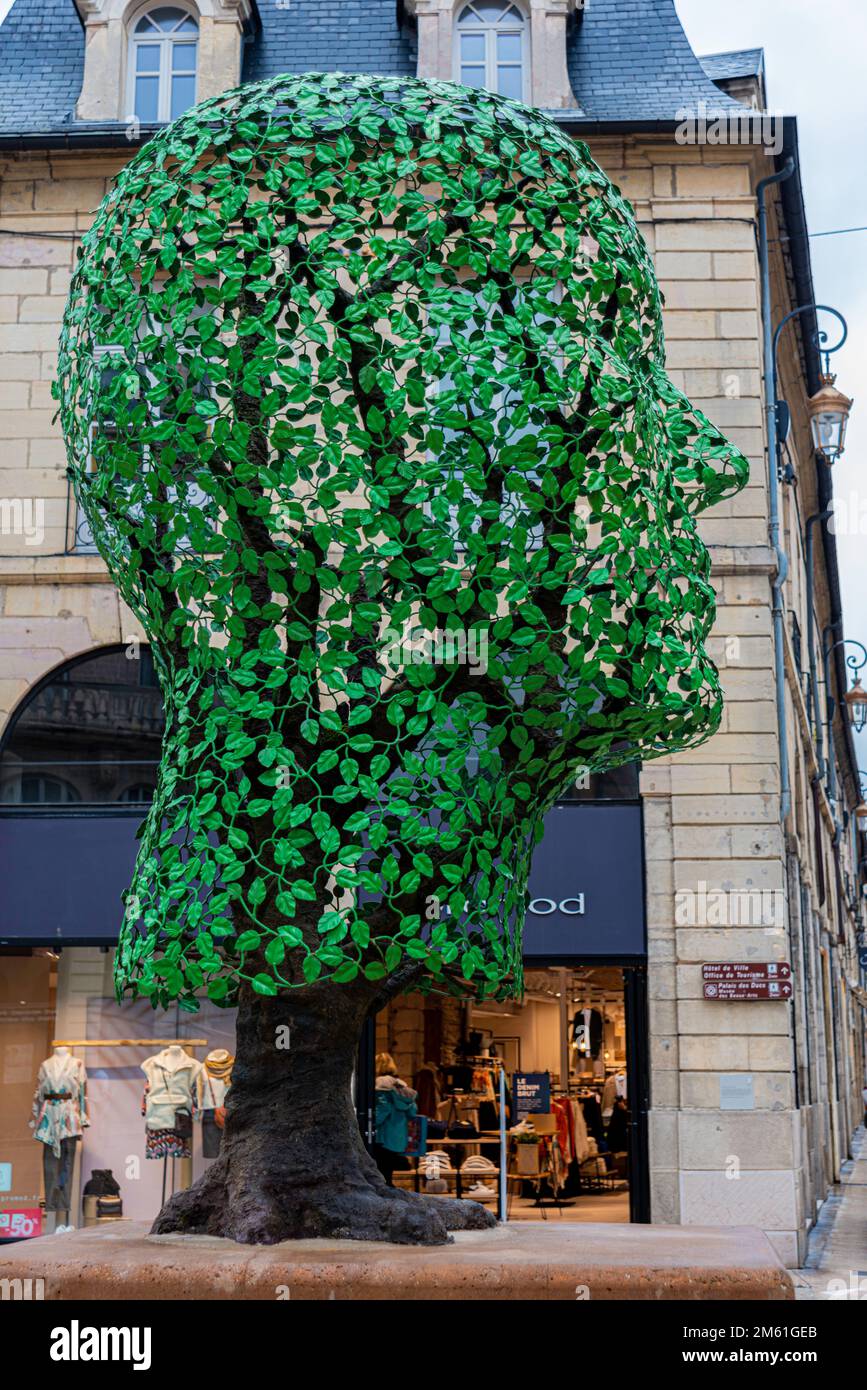 Leafshaped green bronze head statue Semper virens in Dijon, France