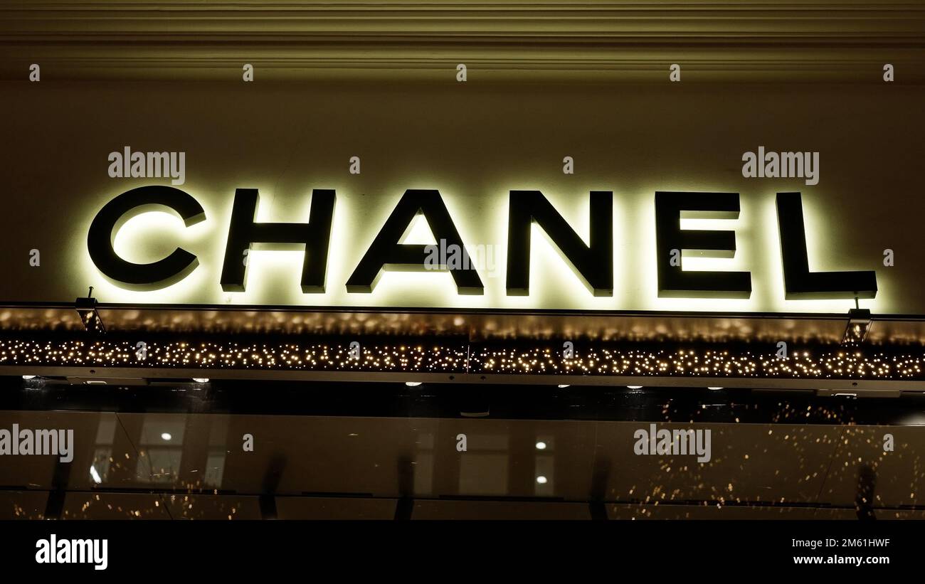 Chanel store in London at night - LONDON, UK - DECEMBER 20, 2022 Stock Photo