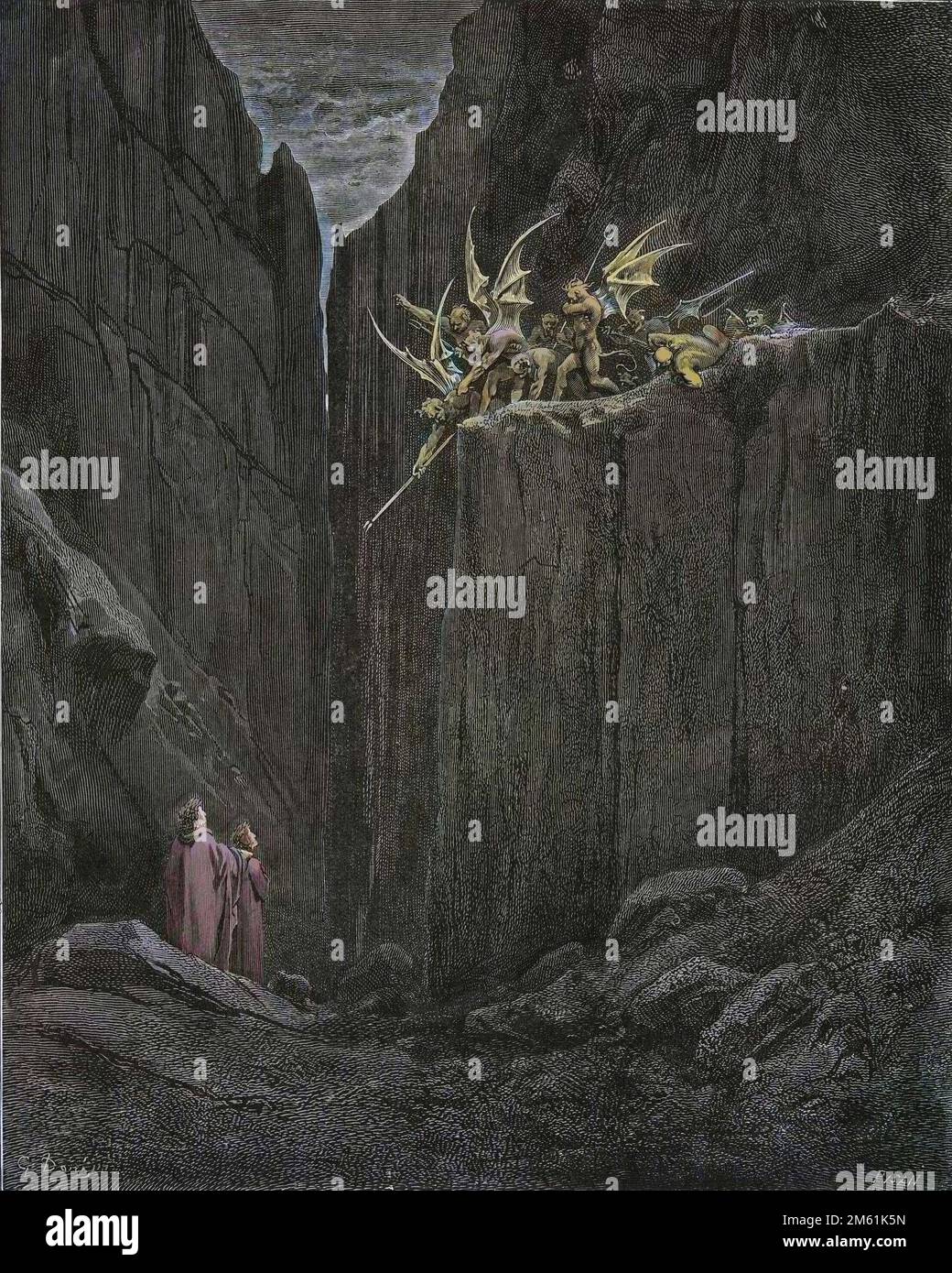 The Divine Comedy by Dante Alighieri , Inferno, Canto 23 : The poets escape the demons of the fifth bolgia - by Dante Alighieri (1265-1321) - Illustration de Gustave Dore (1832-1883), 1885 - Colorisation digitale d'apres l'originale Stock Photo