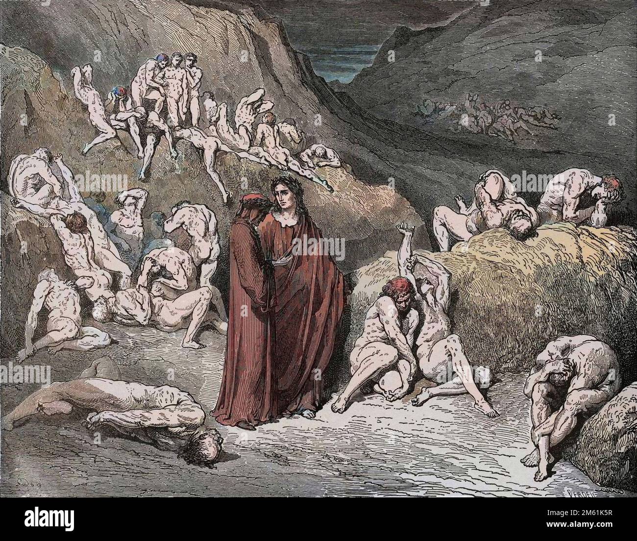 Inferno, Canto 29 : The falsifiers and forgers tormented with itching,  illustration from The Divine Comedy by Dante Alighieri, 1885 (digitally  coloured engraving)
