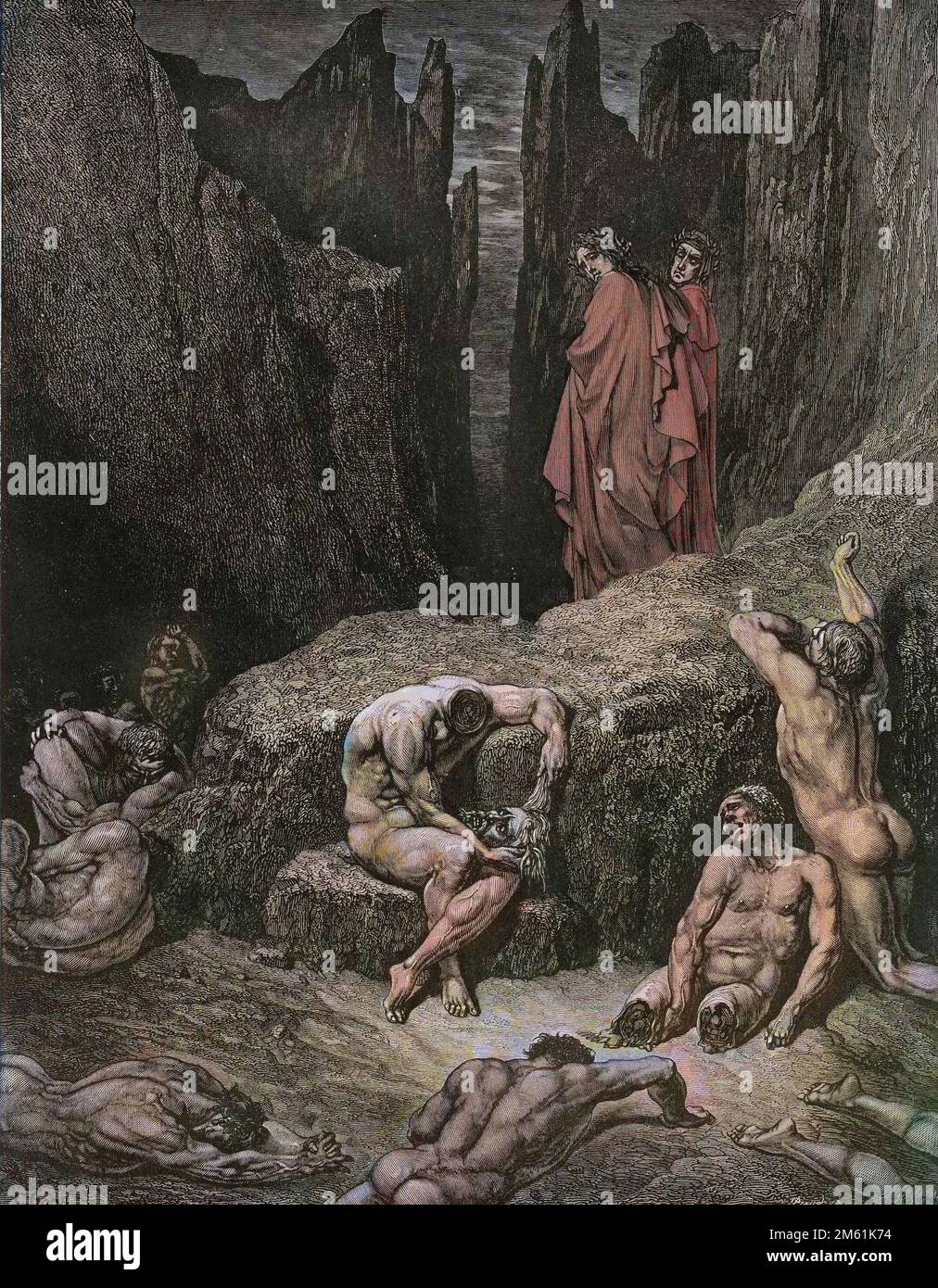 The Divine Comedy by Dante Alighieri , Inferno, Canto 29 : Virgil reproves Dante's curiosity - by  Dante Alighieri (1265-1321) - Illustration de Gustave Dore (1832-1883), 1885 - Colorisation digitale d'apres l'originale Stock Photo