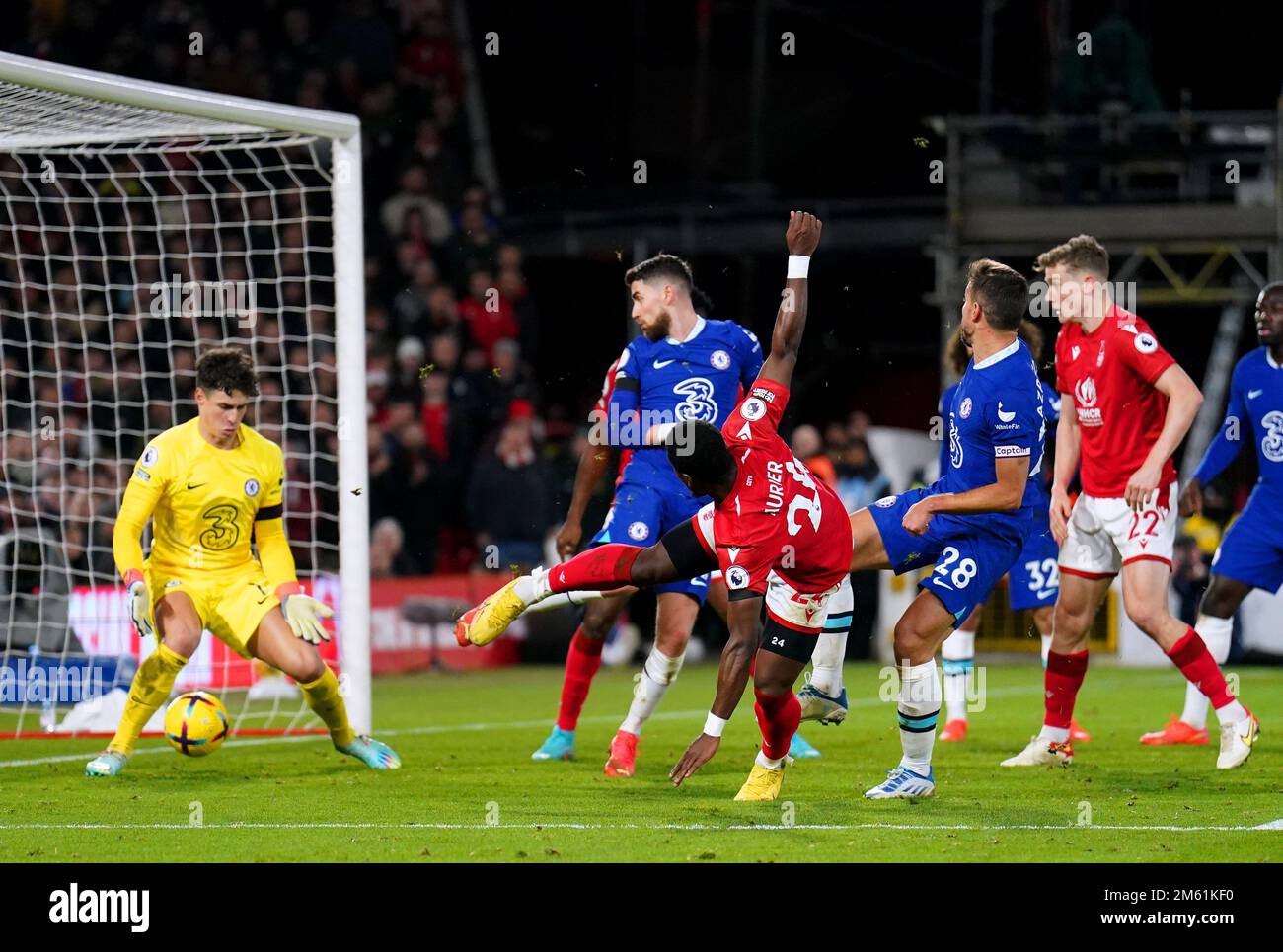 Nottingham Forest's Serge Aurier scores their side's first goal of the game during the Premier League match at the City Ground, Nottingham. Picture date: Sunday January 1, 2023. Stock Photo