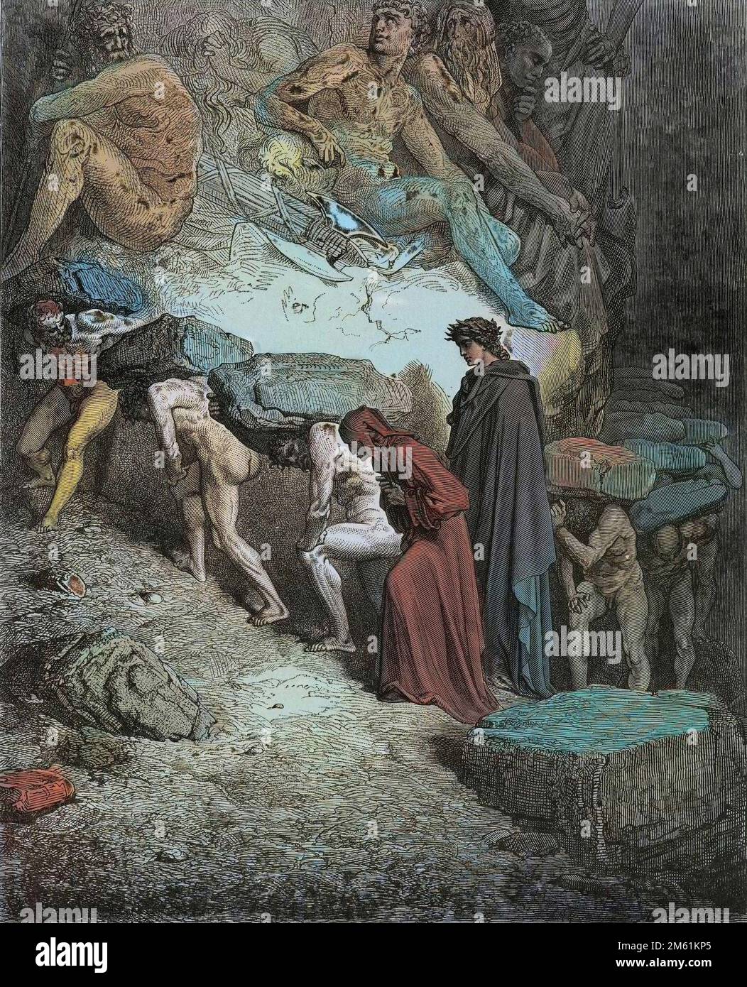 The Divine Comedy by Dante Alighieri , Purgatorio, Canto 11 : The souls of the prideful, bearing heavy stones - by Dante Alighieri (1265-1321) - Illustration de Gustave Dore (1832-1883), 1885 - Colorisation digitale d'apres l'originale Stock Photo