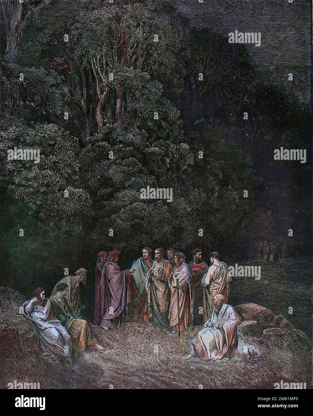 The Divine Comedy by Dante Alighieri , Inferno, Canto 4 : Homer, the poets, and heroes in Limbo - by Dante Alighieri (1265-1321) - Illustration de Gustave Dore (1832-1883), 1885 - Colorisation digitale d'apres l'originale Stock Photo