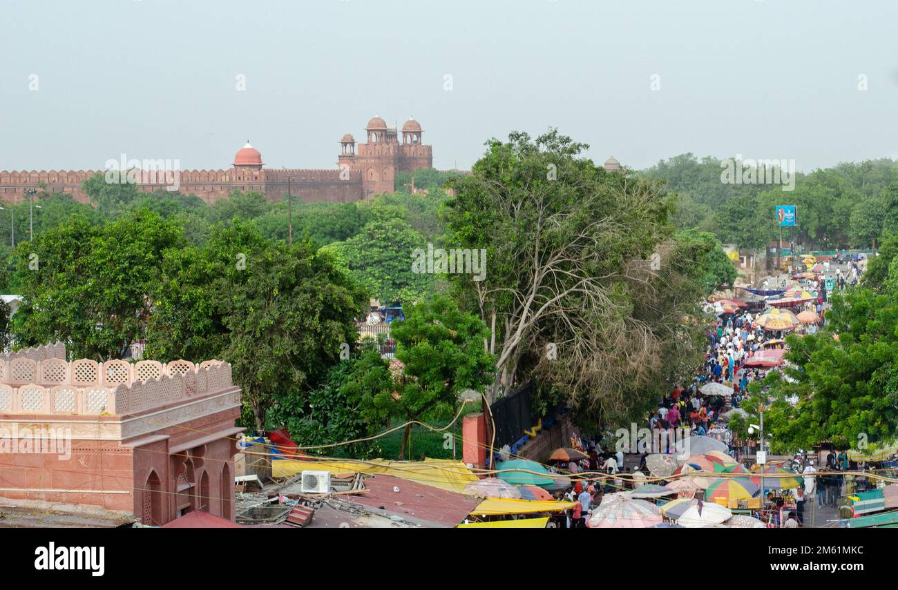 Meena bazaar with crowd of Indian people shopping near red fort new